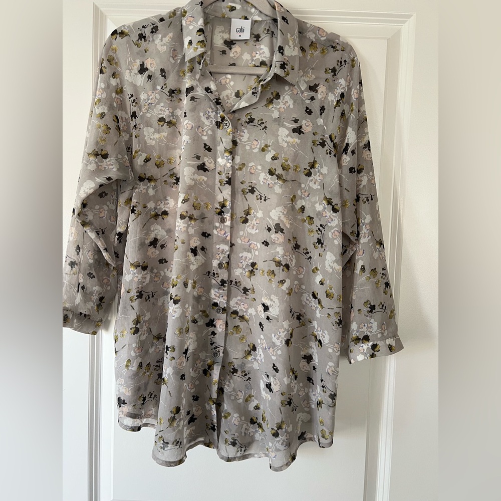 CAbi Matinee Gray Sheer Flowy Floral Blouse